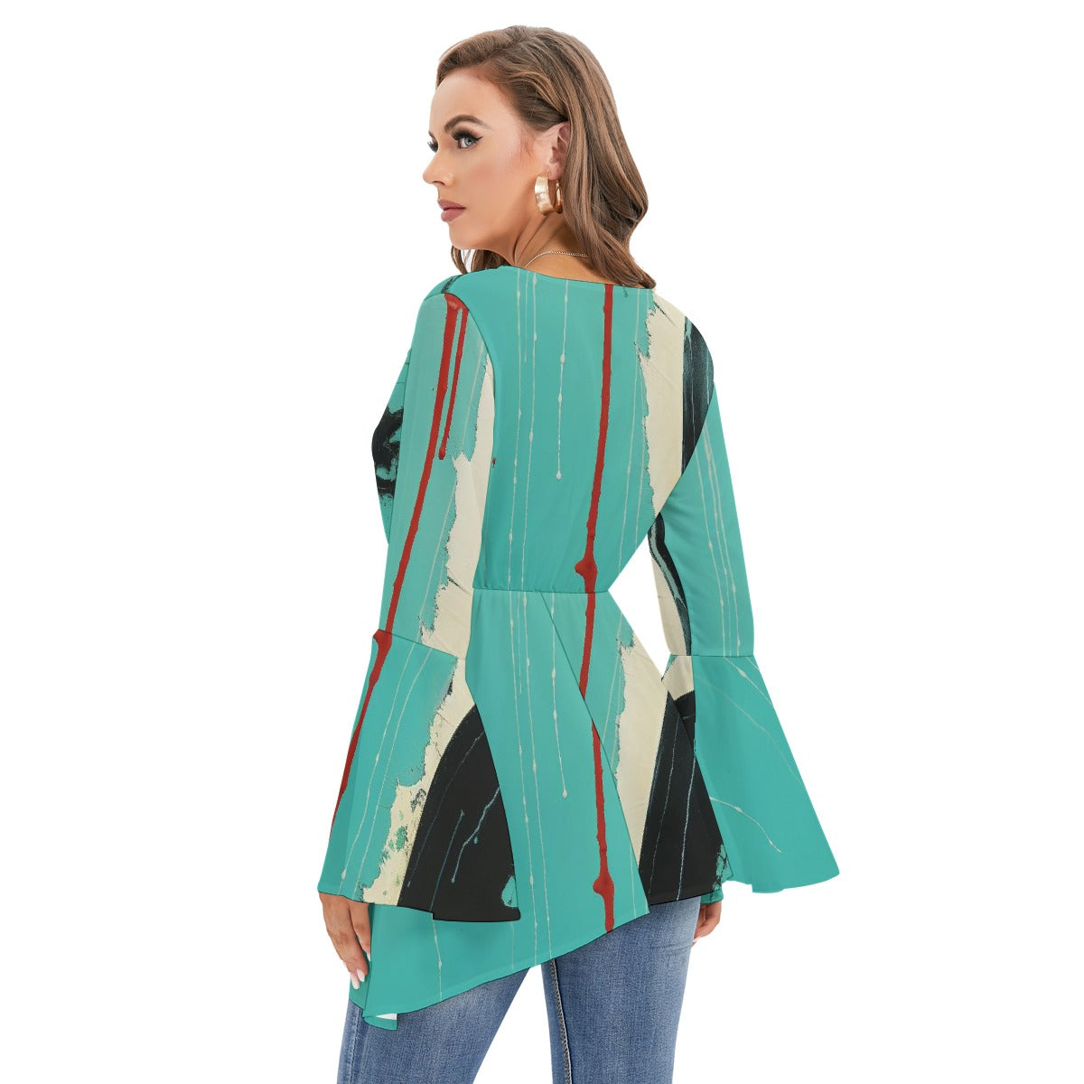 All-Over Print Women's V-neck Blouse With Flared Sleeves