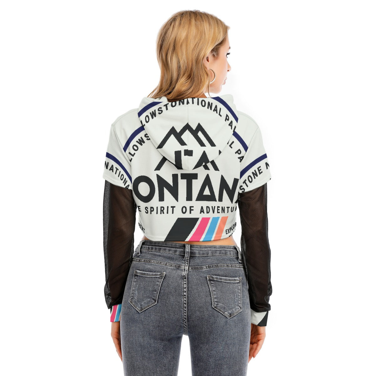 All-Over Print Women's Fake Two-piece Mesh Sleeve Cropped Hoodie