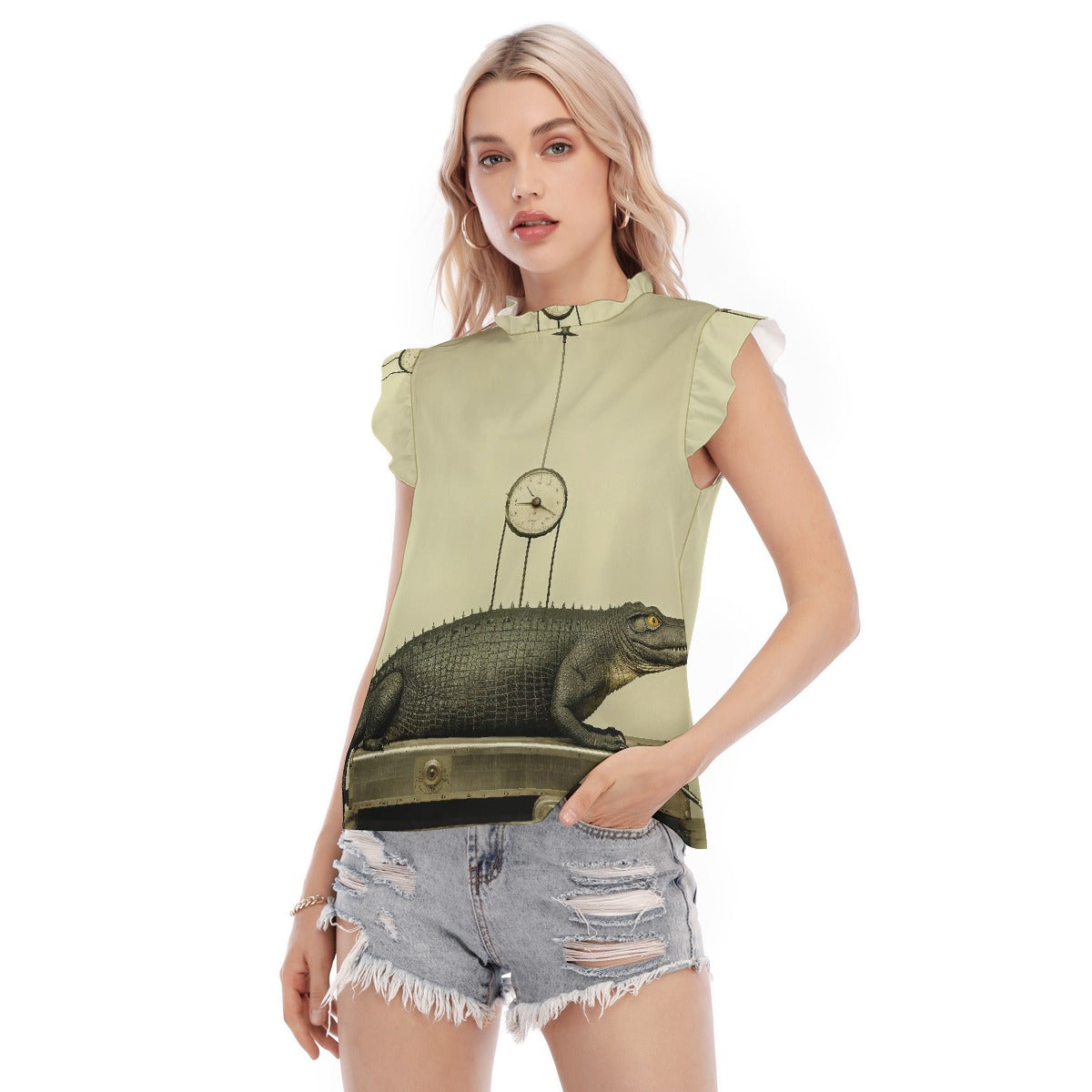 All-Over Print Women's Blouse With Ruffle Collar And Sleeve