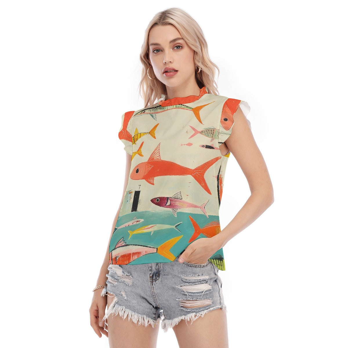 All-Over Print Women's Blouse With Ruffle Collar And Sleeve