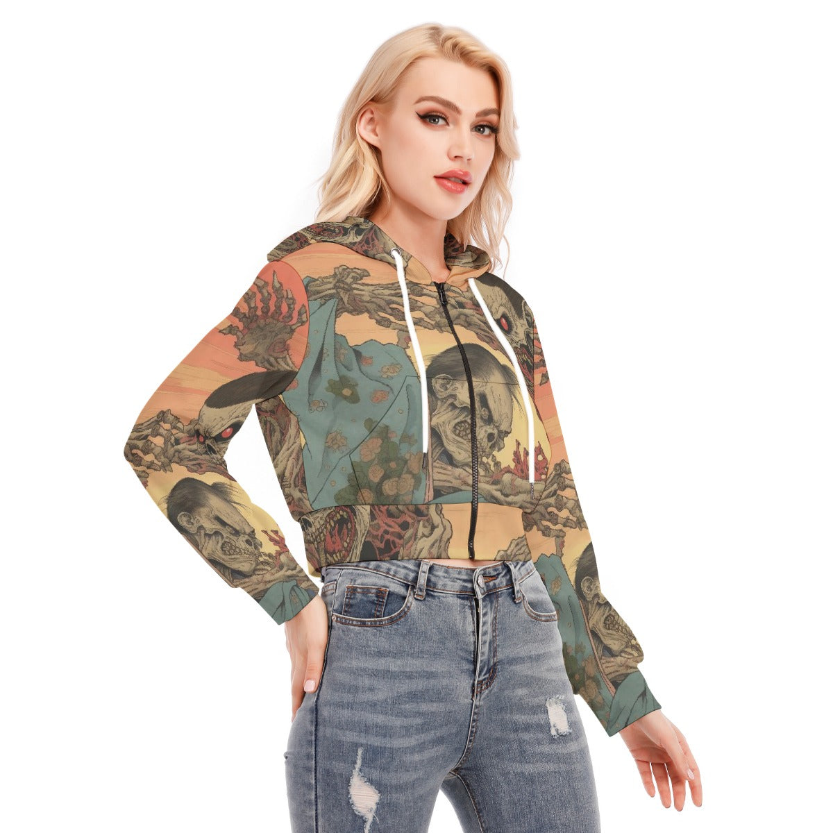 All-Over Print Women's Crop Top Hoodie With Zipper Closure