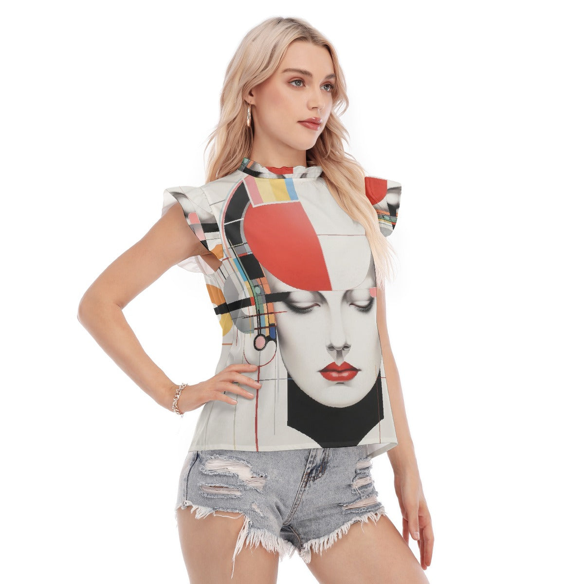 All-Over Print Women's Blouse With Ruffle Collar And Sleeve