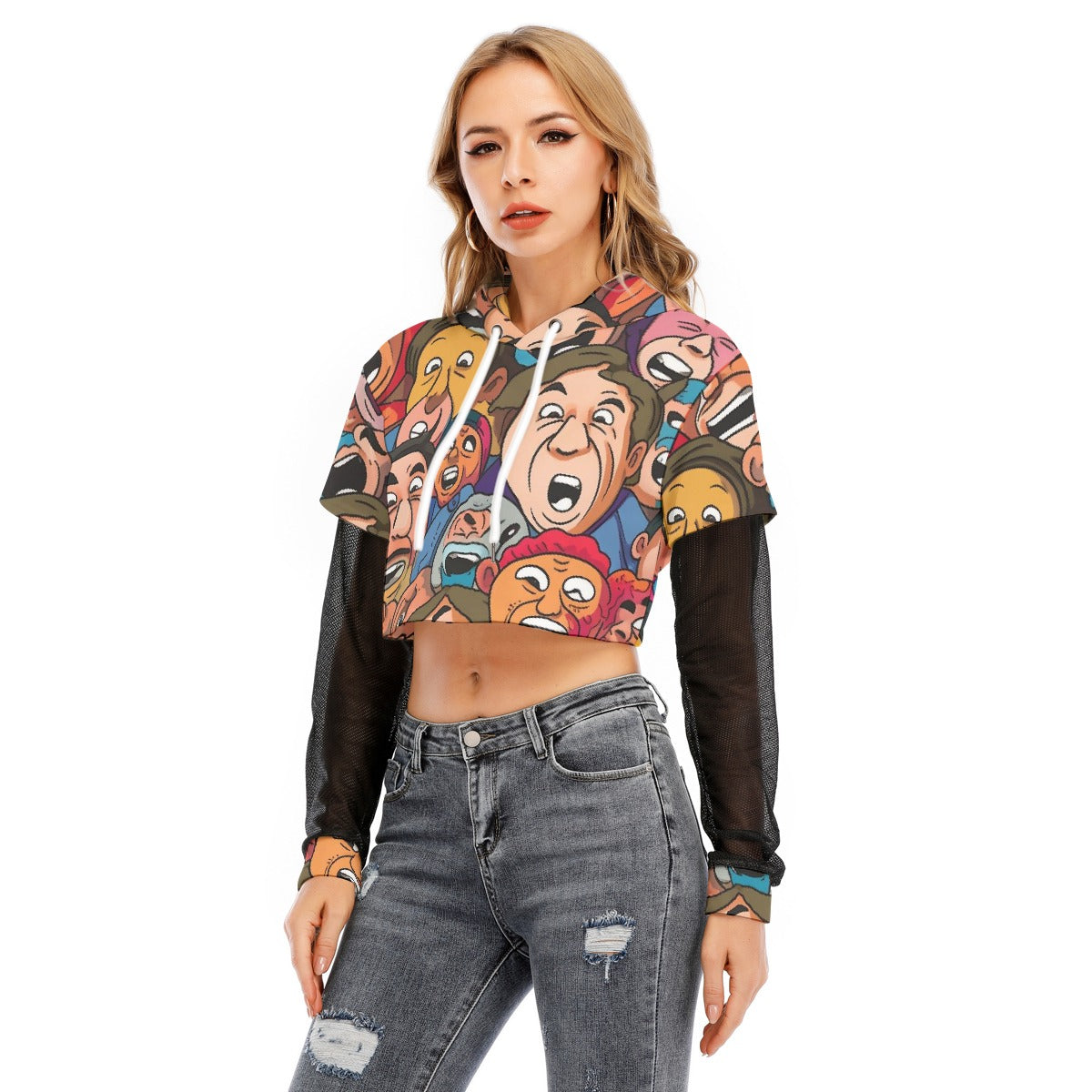 All-Over Print Women's Fake Two-piece Mesh Sleeve Cropped Hoodie