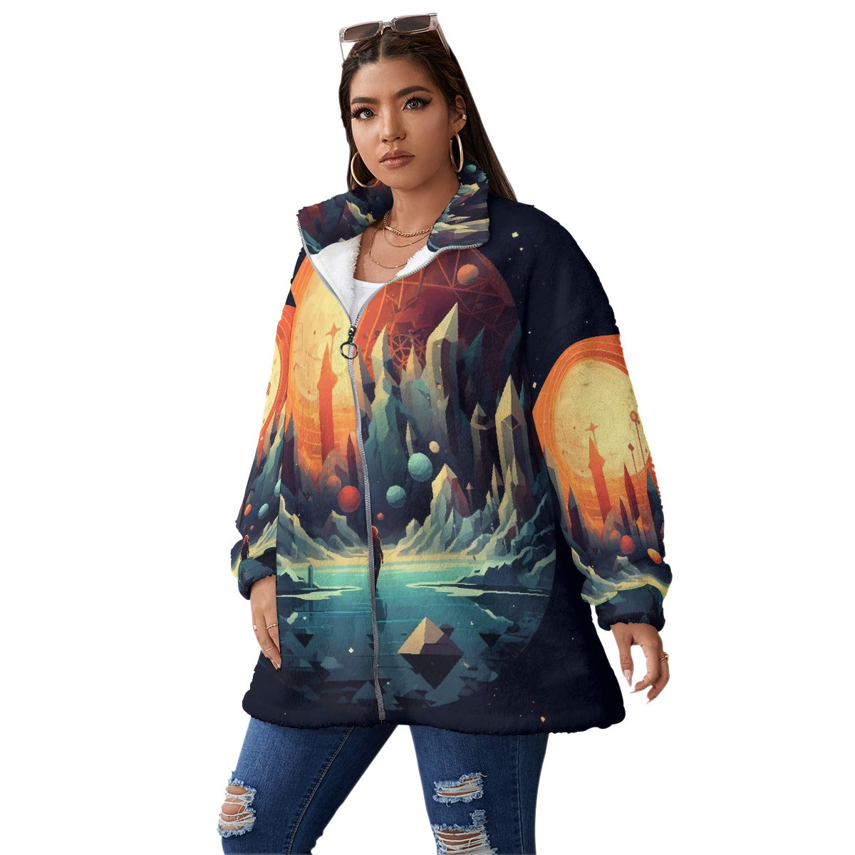 All-Over Print Unisex Borg Fleece Stand-up Collar Coat With Zipper Closure(Plus Size)