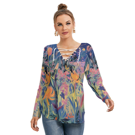 All-Over Print Women's Long Sleeve Neckline Tie Sweatshirt
