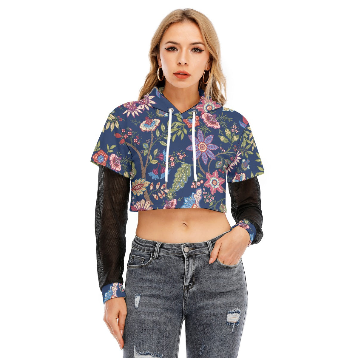 All-Over Print Women's Fake Two-piece Mesh Sleeve Cropped Hoodie