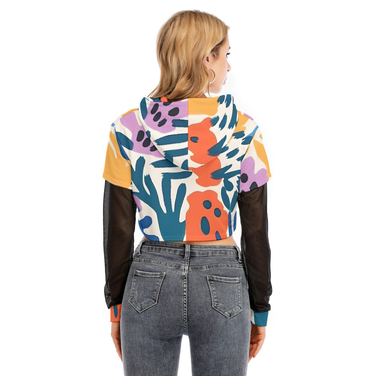 All-Over Print Women's Fake Two-piece Mesh Sleeve Cropped Hoodie