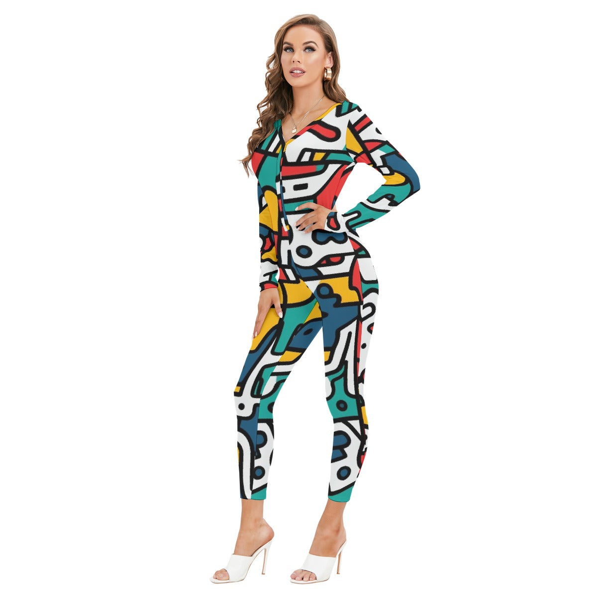 All-Over Print Women's Plunging Neck Jumpsuit