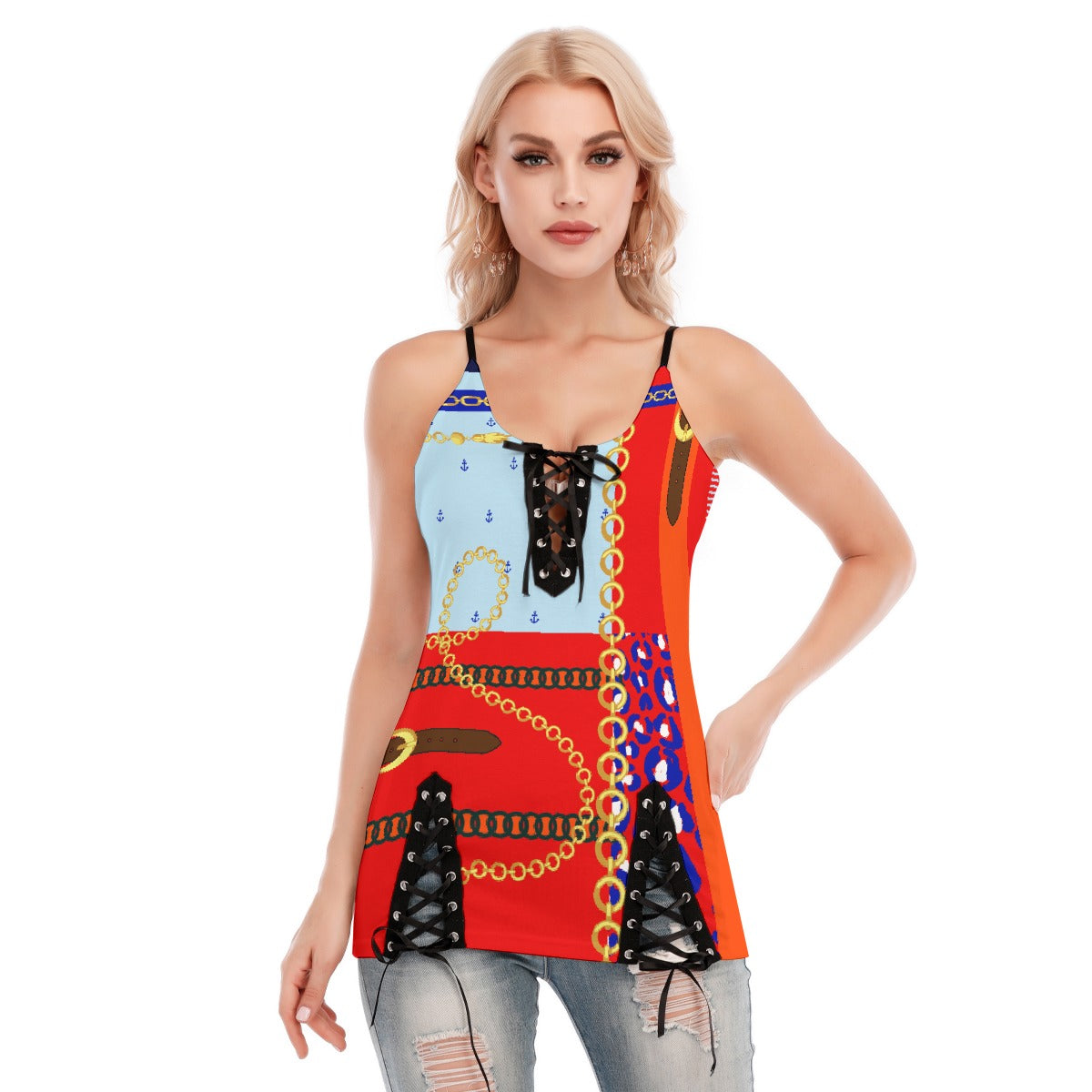 All-Over Print Women's V-neck Eyelet Lace-up Cami Dress