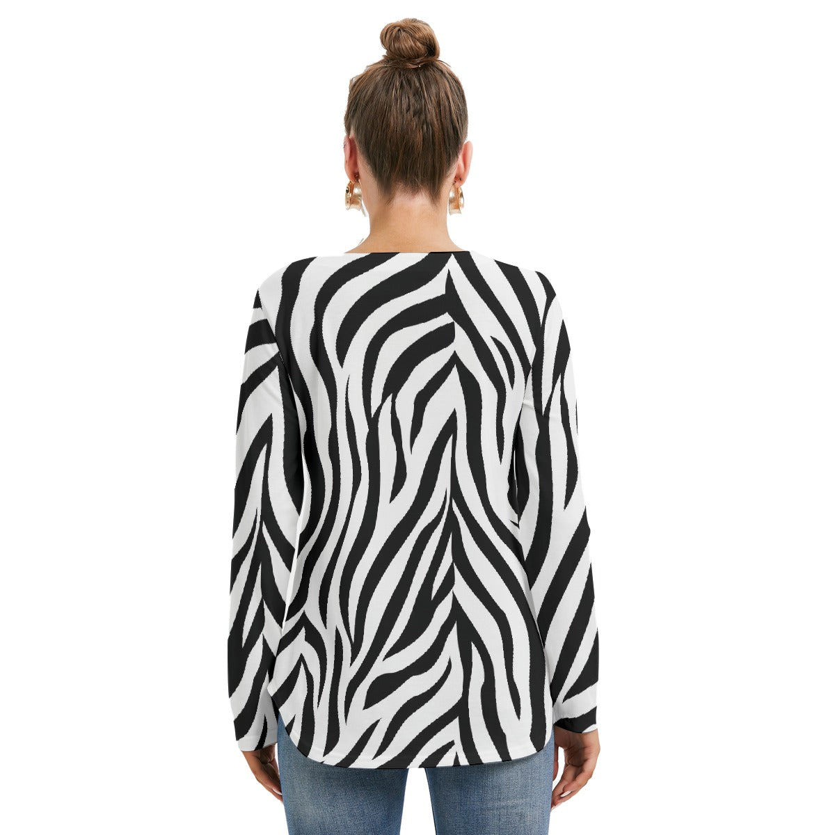 All-Over Print Women's Long Sleeve Neckline Tie Sweatshirt