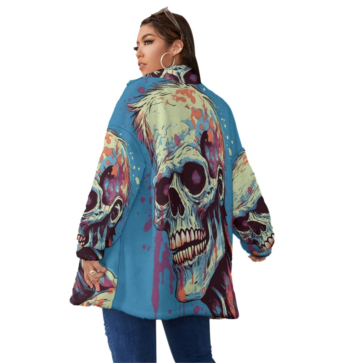 All-Over Print Unisex Borg Fleece Stand-up Collar Coat With Zipper Closure(Plus Size)