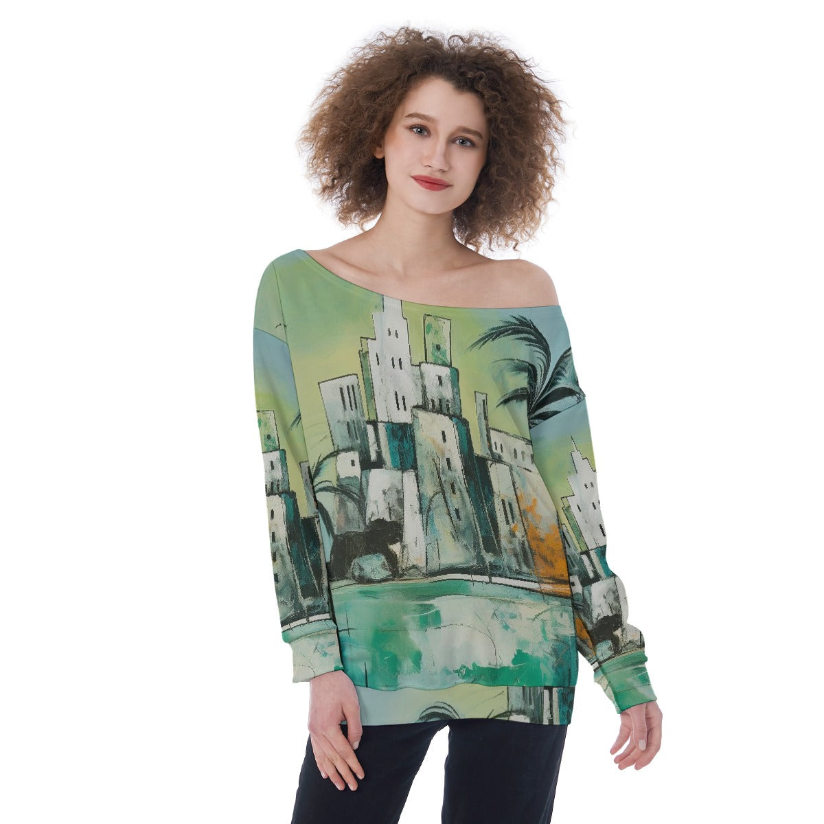 All-Over Print Oversized Women&#39;s Off-Shoulder Sweatshirt
