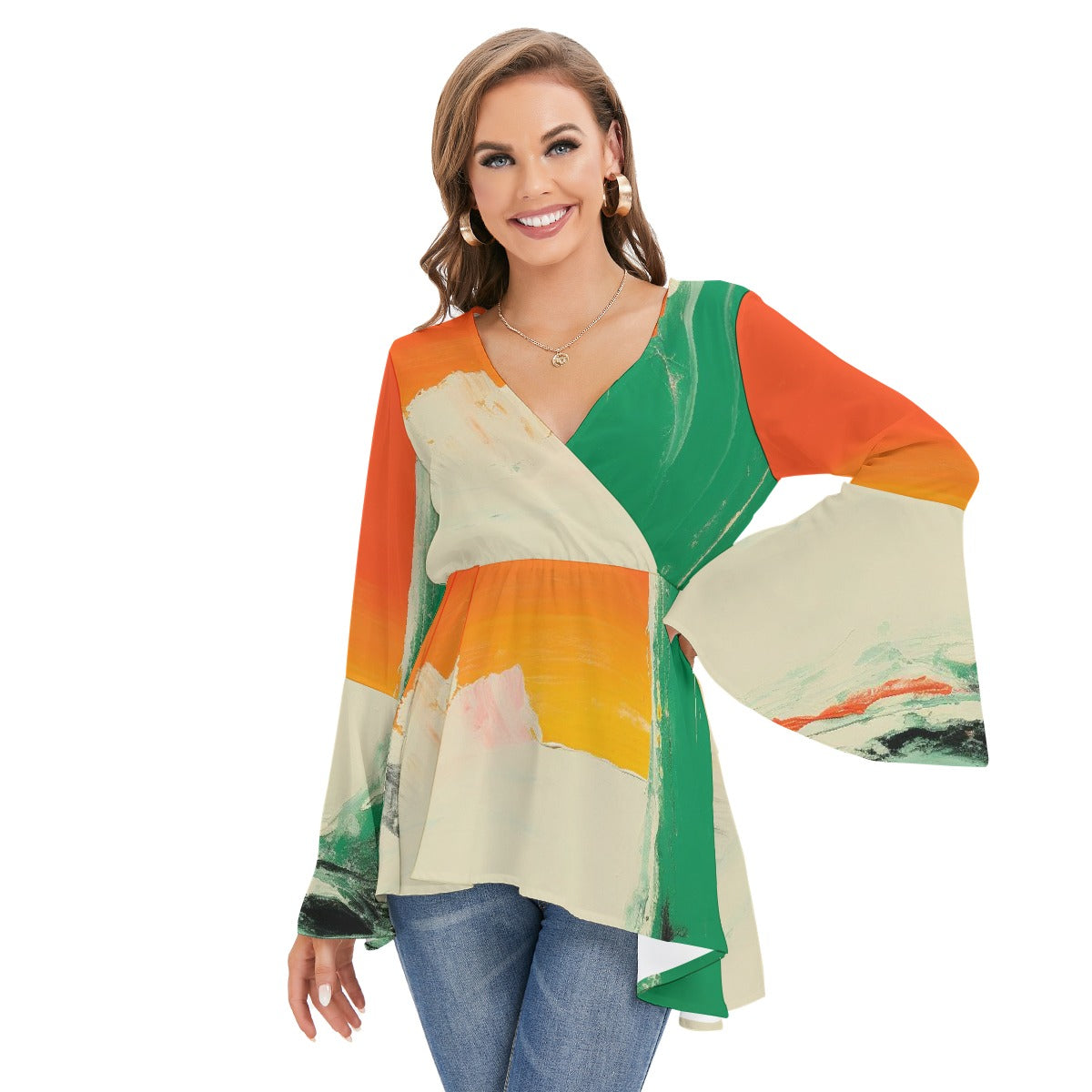 All-Over Print Women's V-neck Blouse With Flared Sleeves