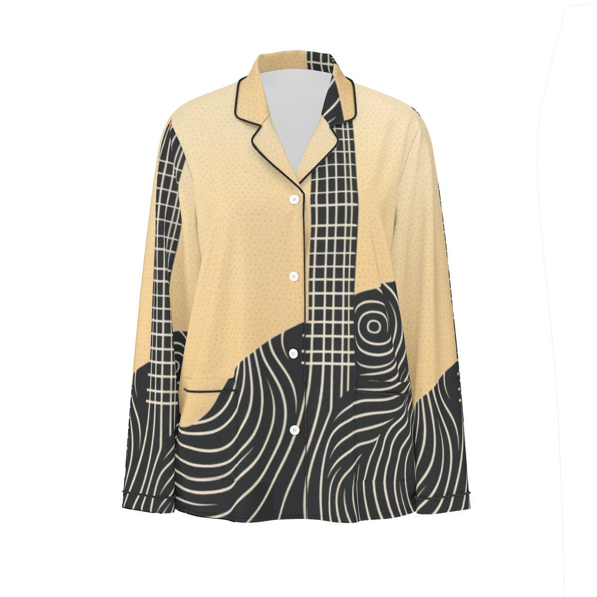 All-Over Print Women's Long Sleeve Pajama Set With Black Contrast Piping