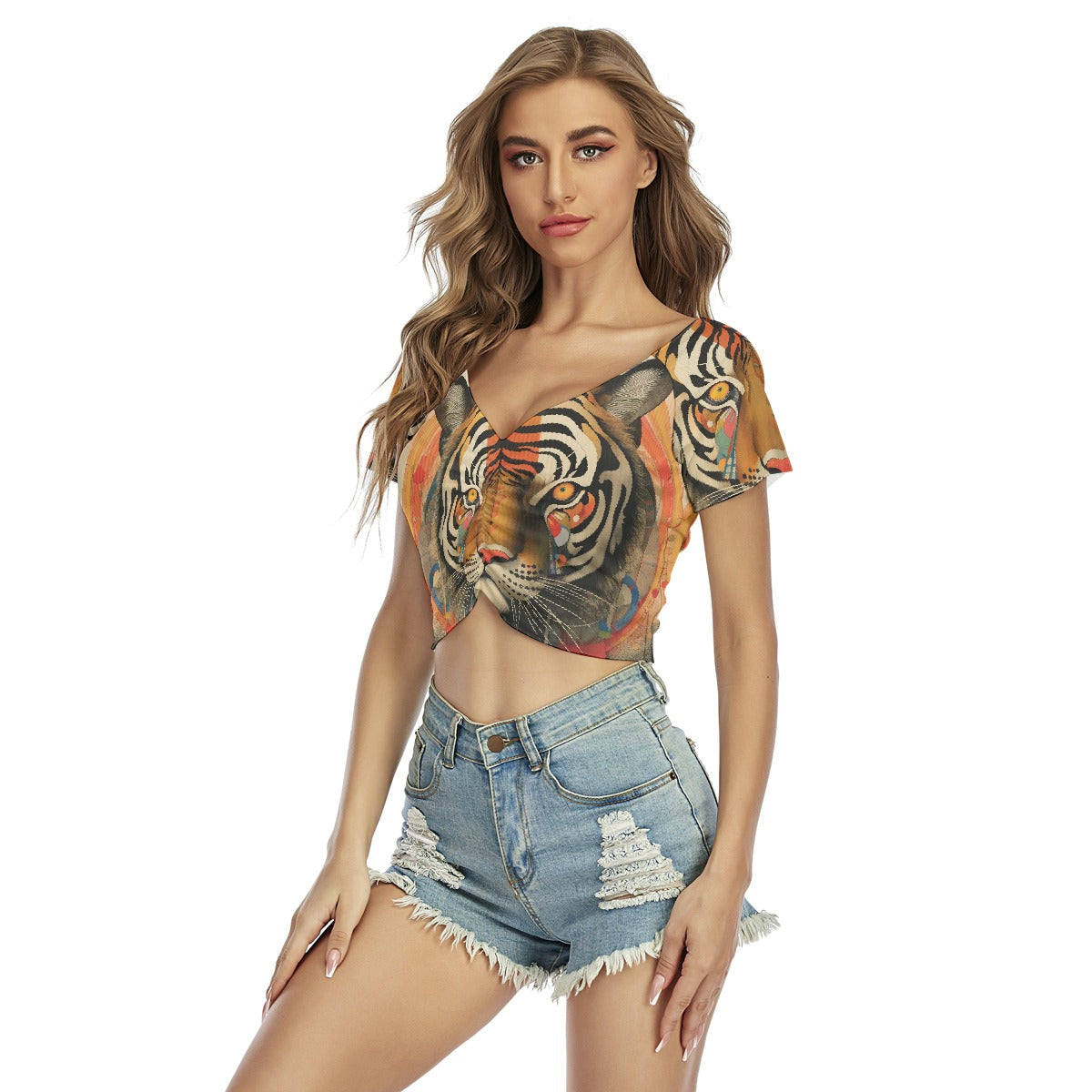 All-Over Print Women's Raglan Drawstring Front  Crop Tee