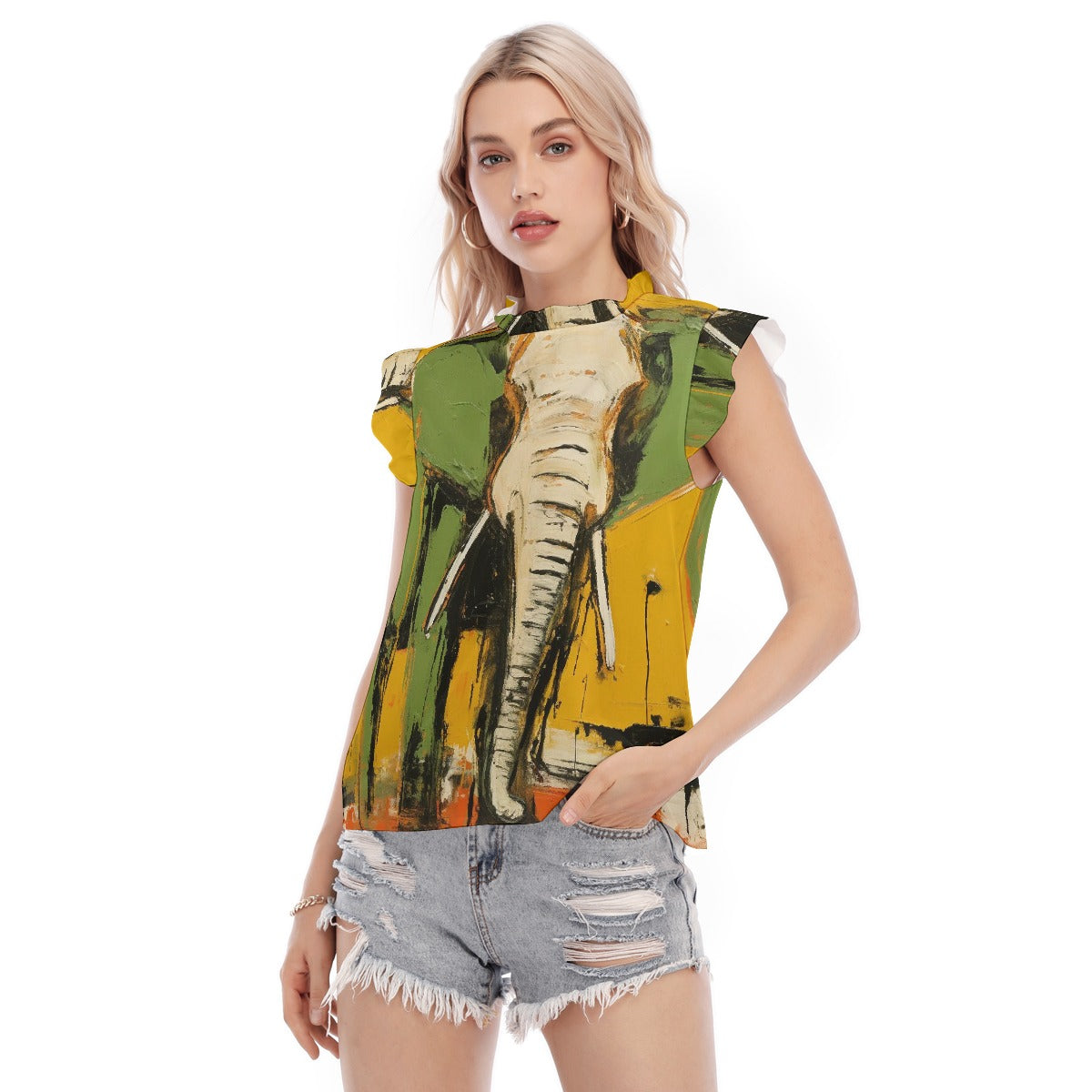 All-Over Print Women's Blouse With Ruffle Collar And Sleeve