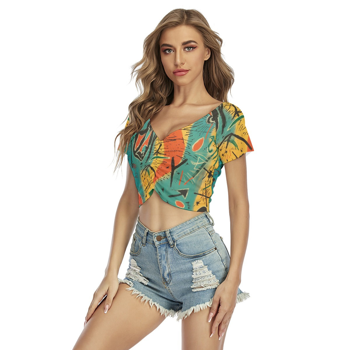 All-Over Print Women's Raglan Drawstring Front  Crop Tee