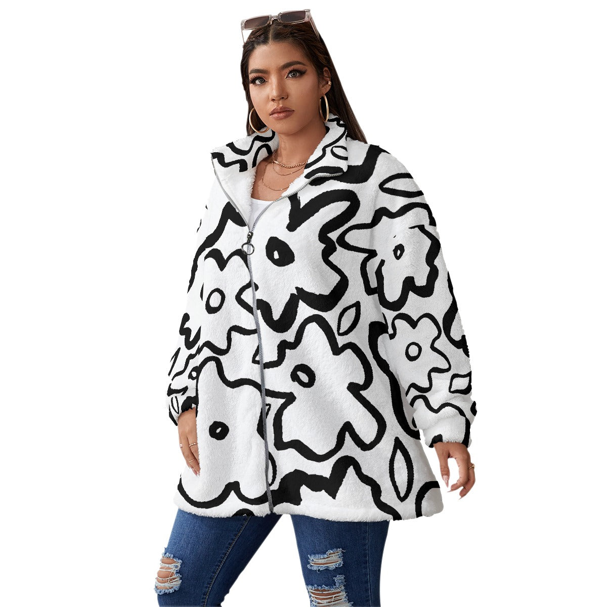 All-Over Print Unisex Borg Fleece Stand-up Collar Coat With Zipper Closure(Plus Size)