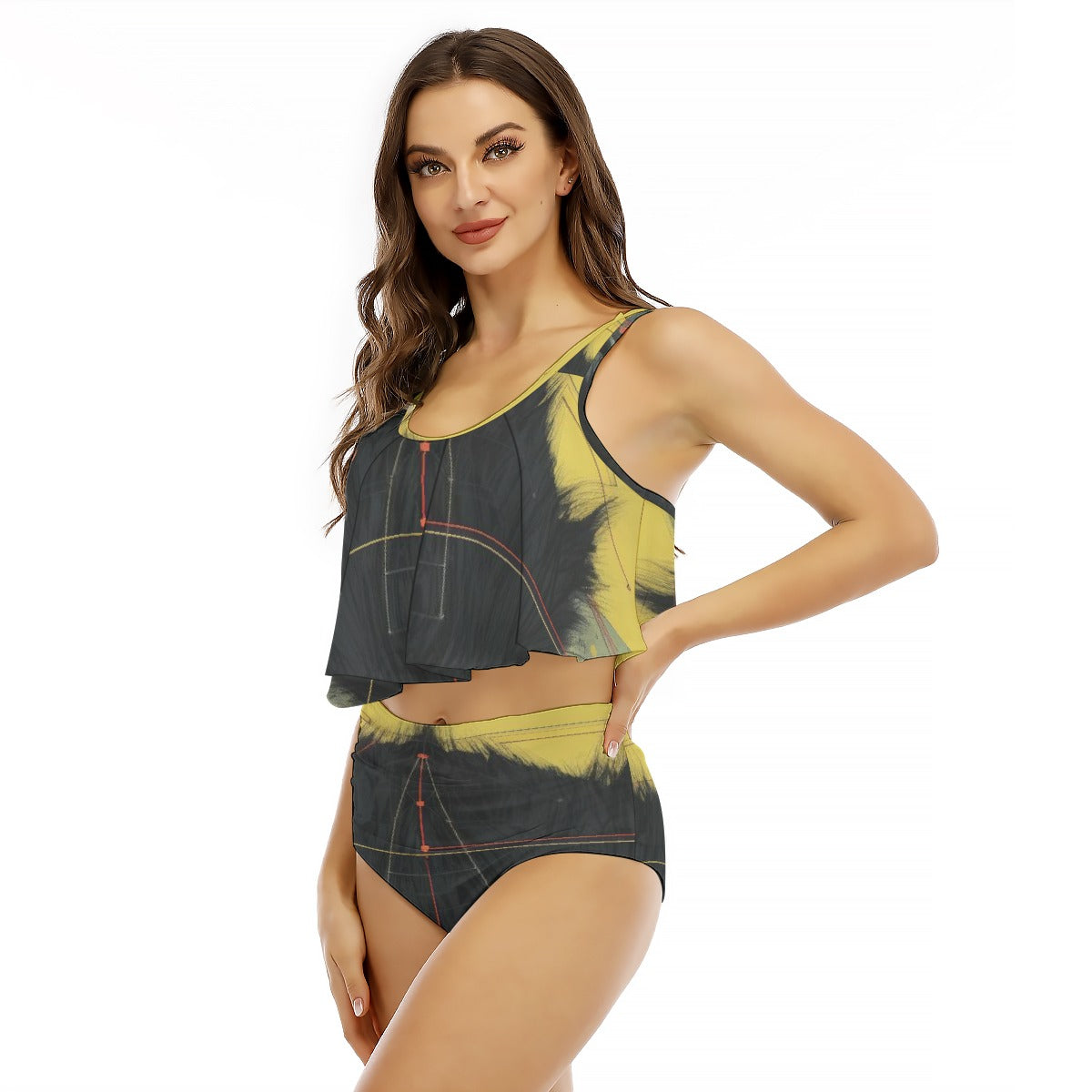 All-Over Print Women's Ruffled Vest Bikini Swimsuit