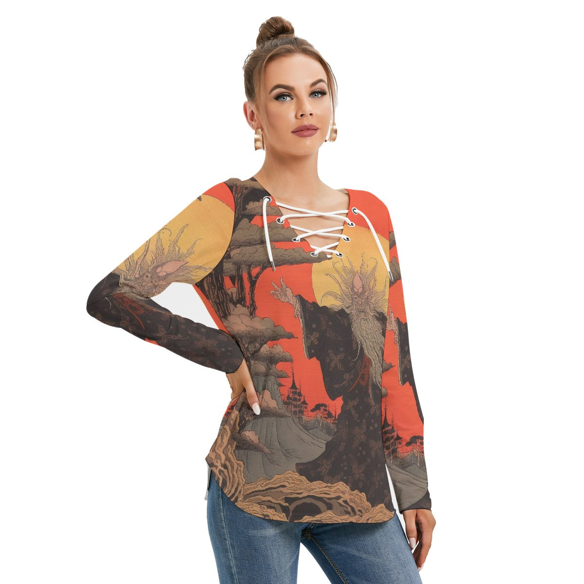 All-Over Print Women's Long Sleeve Neckline Tie Sweatshirt