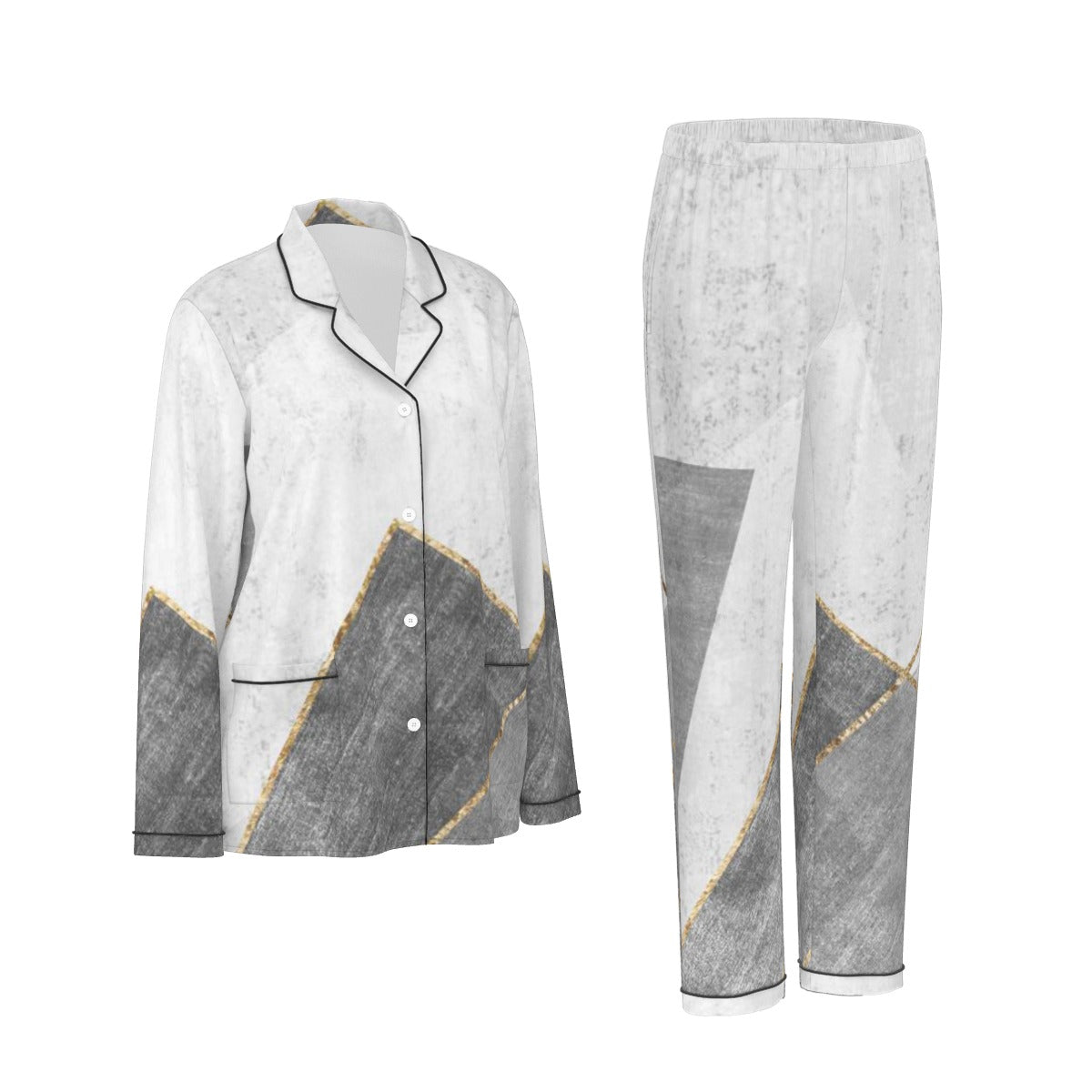 All-Over Print Women's Long Sleeve Pajama Set With Black Contrast Piping