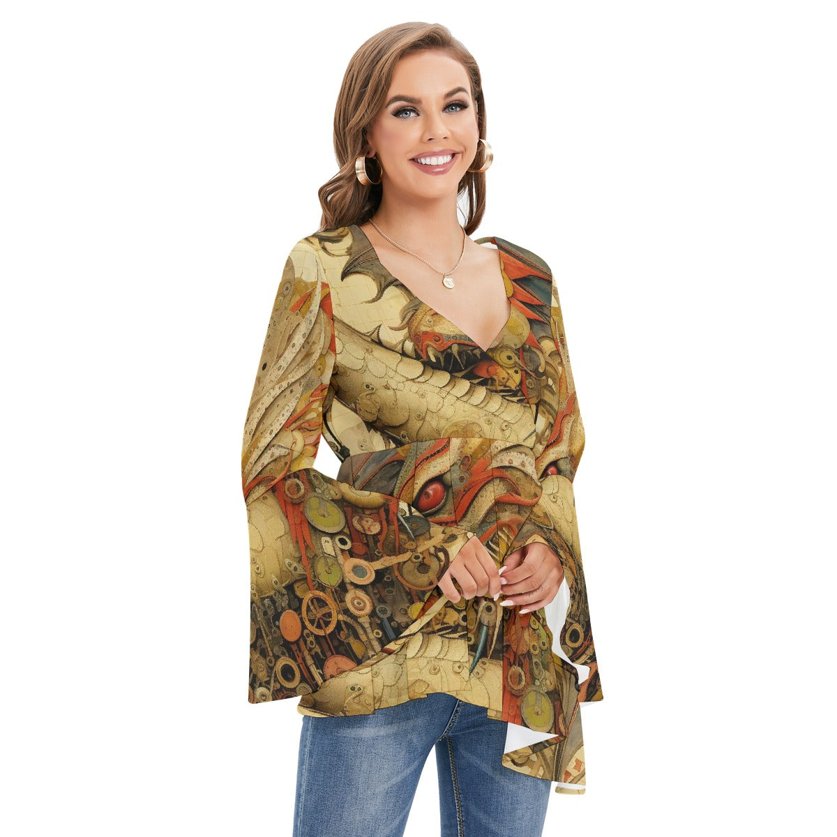 All-Over Print Women's V-neck Blouse With Flared Sleeves