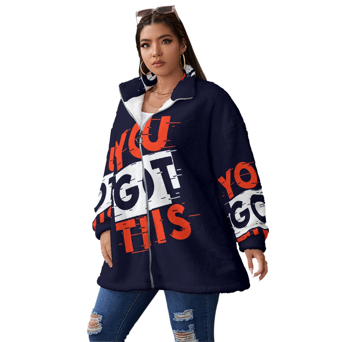 All-Over Print Unisex Borg Fleece Stand-up Collar Coat With Zipper Closure(Plus Size)