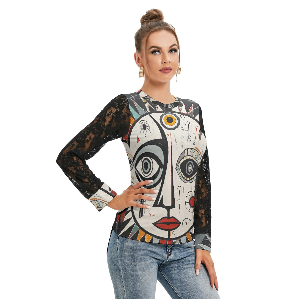 All-Over Print Women's T-shirt And Sleeve With Black Lace