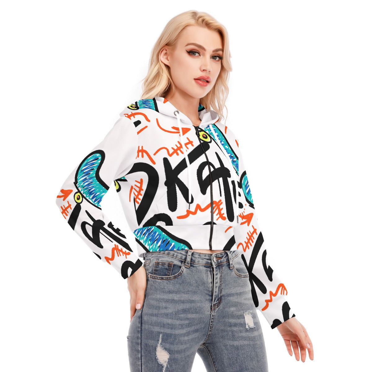 All-Over Print Women's Crop Top Hoodie With Zipper Closure