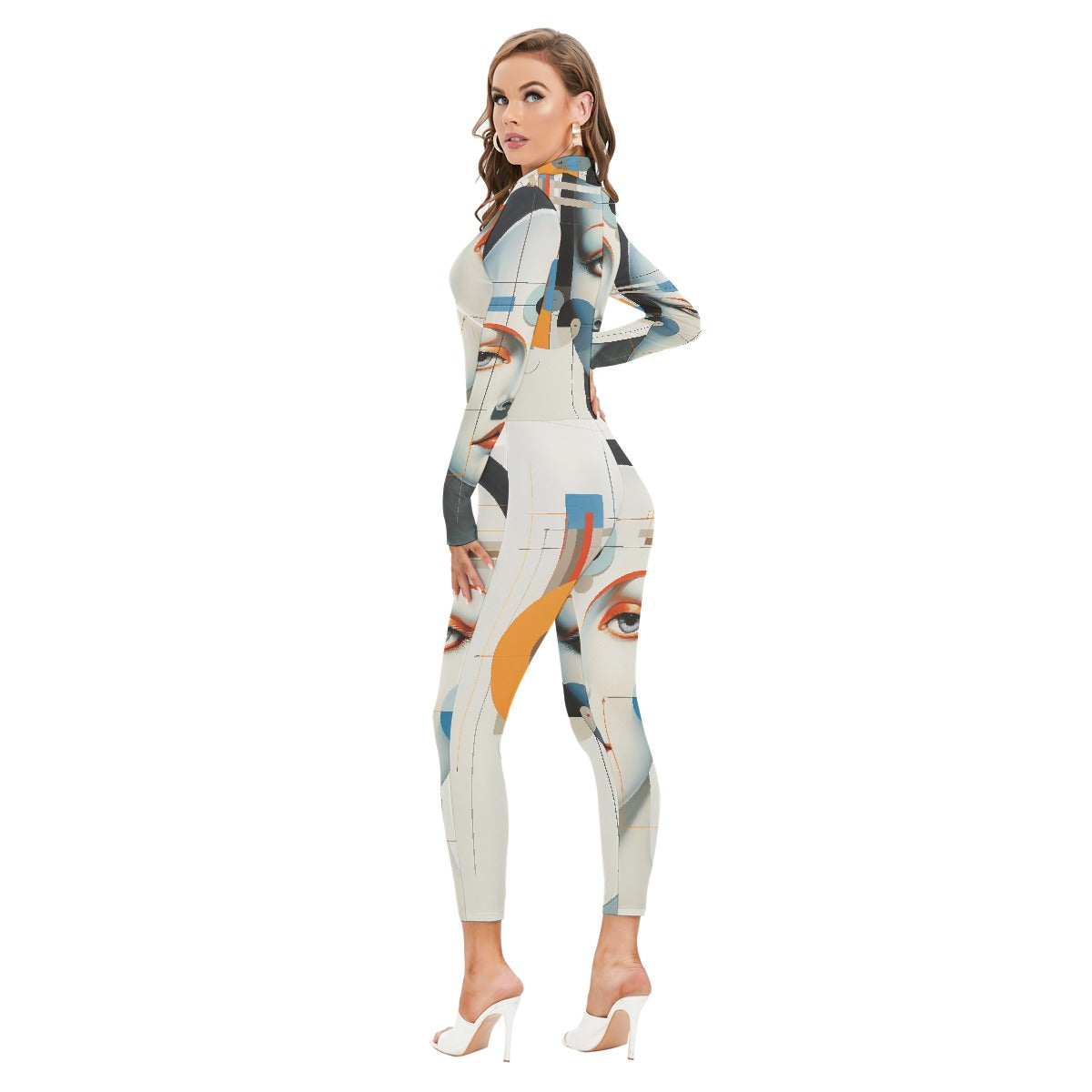 All-Over Print Women's Long-sleeved High-neck Jumpsuit With Zipper