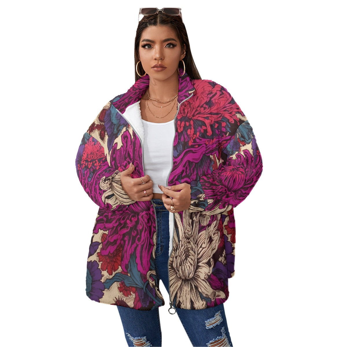 All-Over Print Unisex Borg Fleece Stand-up Collar Coat With Zipper Closure(Plus Size)