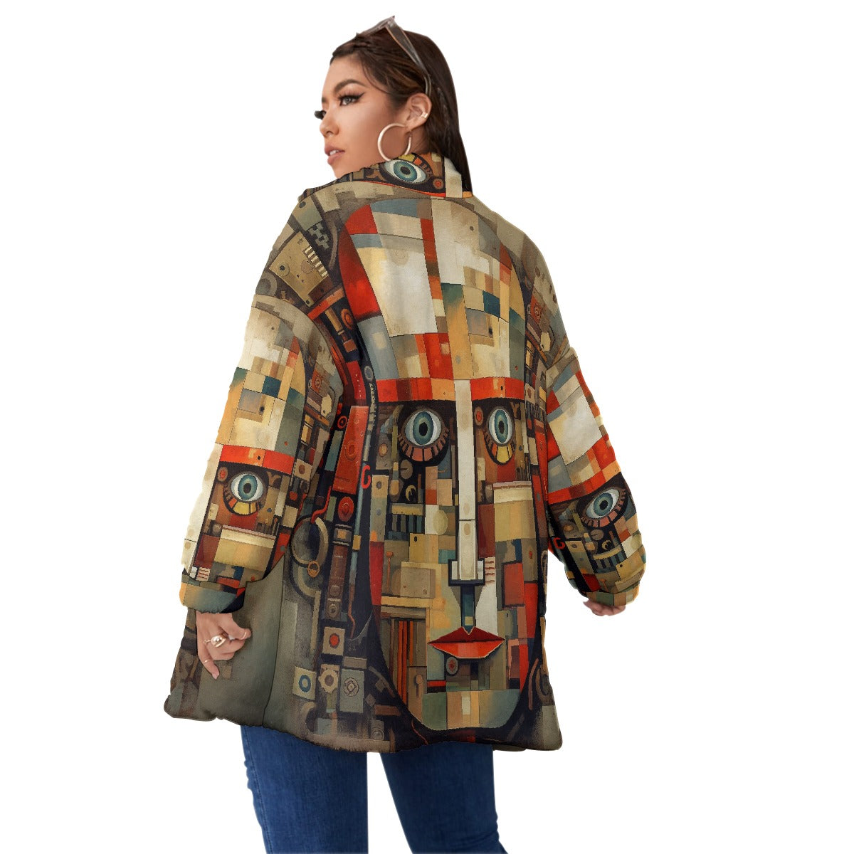 All-Over Print Unisex Borg Fleece Stand-up Collar Coat With Zipper Closure(Plus Size)