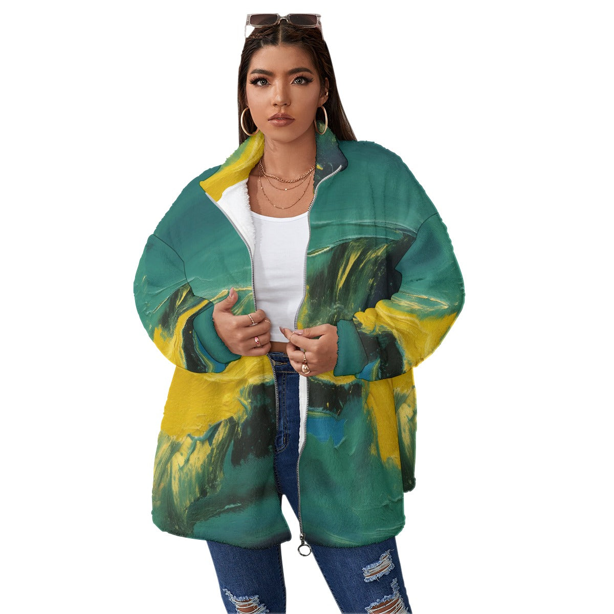 All-Over Print Unisex Borg Fleece Stand-up Collar Coat With Zipper Closure(Plus Size)