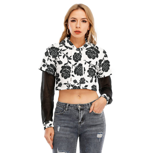 All-Over Print Women's Fake Two-piece Mesh Sleeve Cropped Hoodie