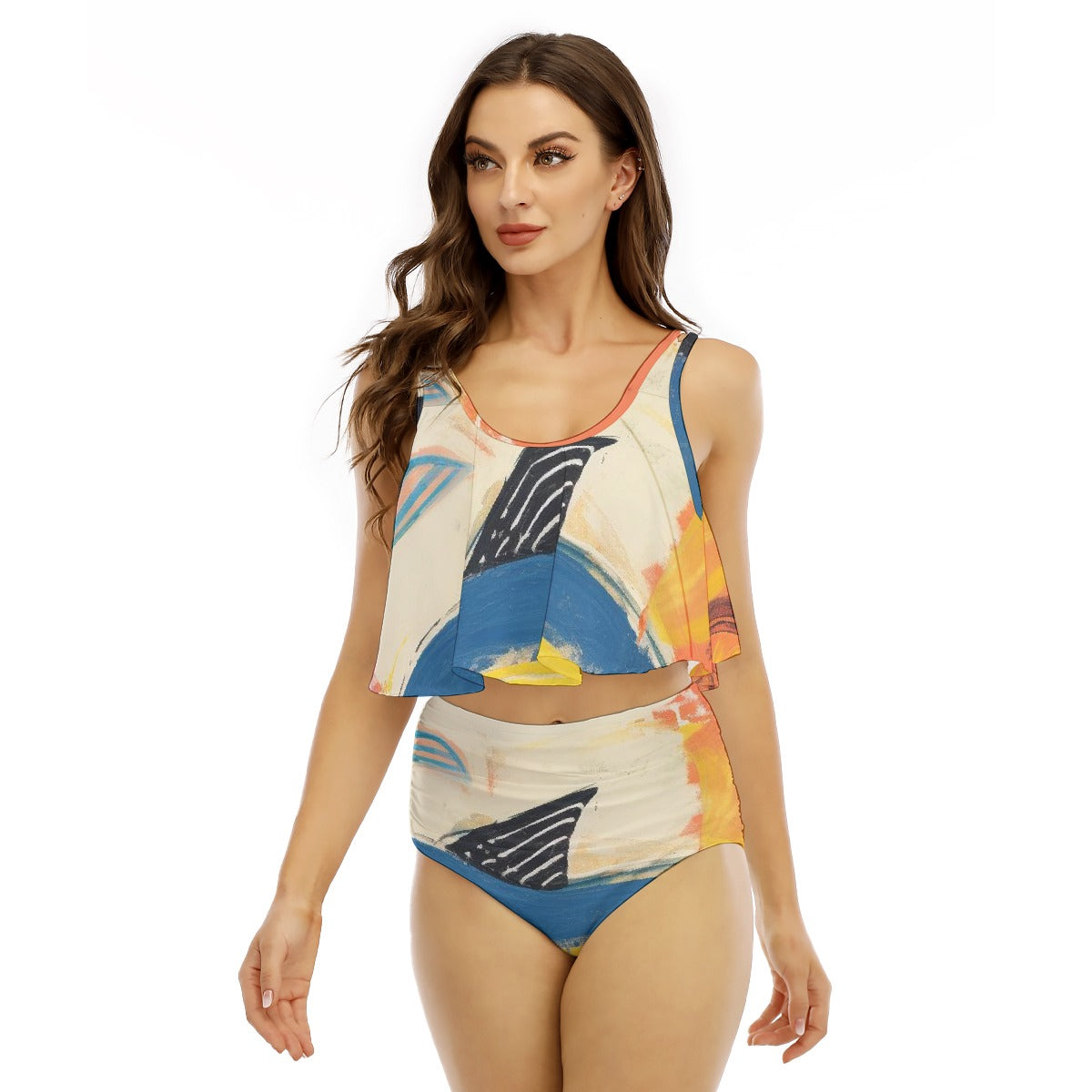 All-Over Print Women's Ruffled Vest Bikini Swimsuit