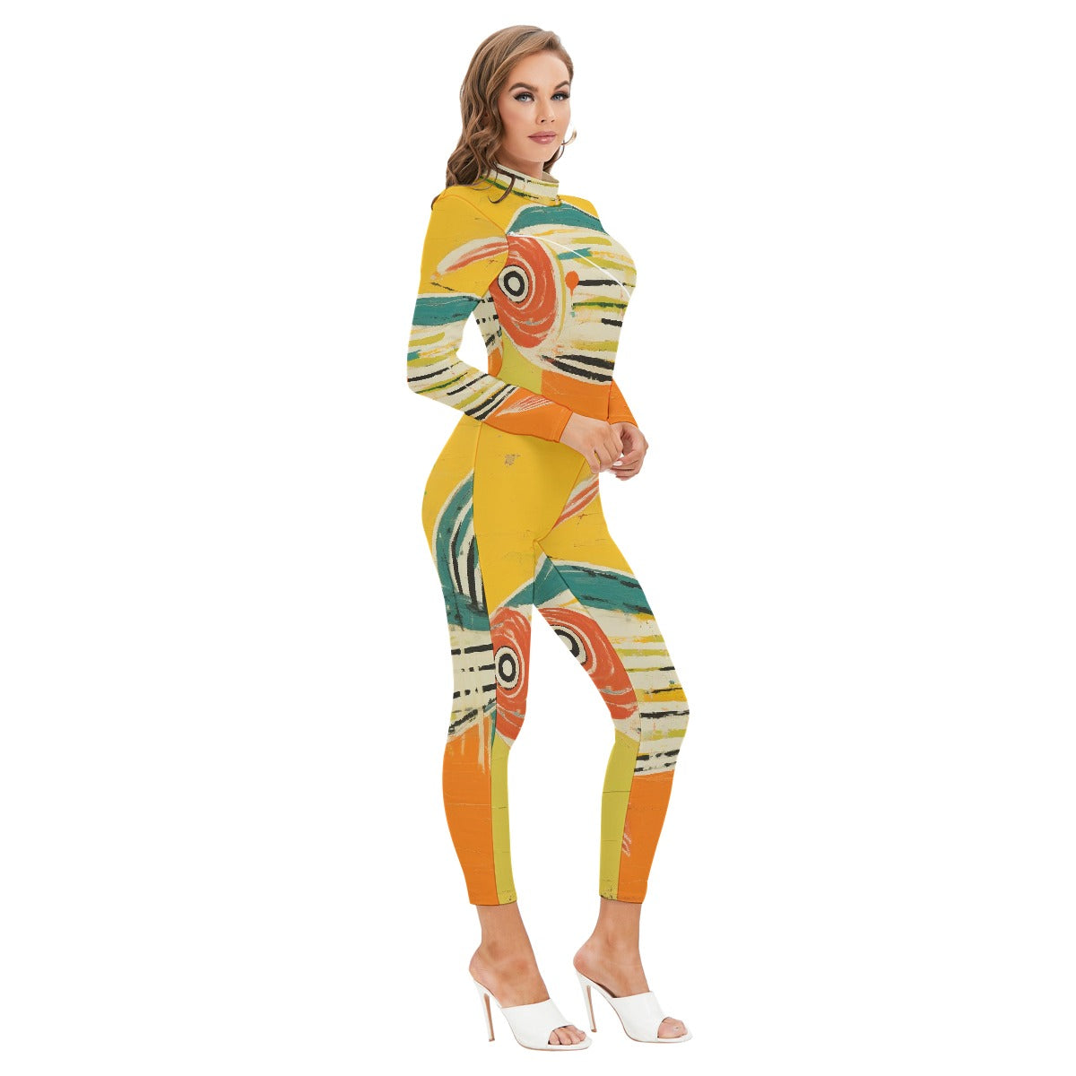 All-Over Print Women's Long-sleeved High-neck Jumpsuit With Zipper