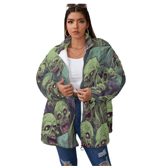 All-Over Print Unisex Borg Fleece Stand-up Collar Coat With Zipper Closure(Plus Size)