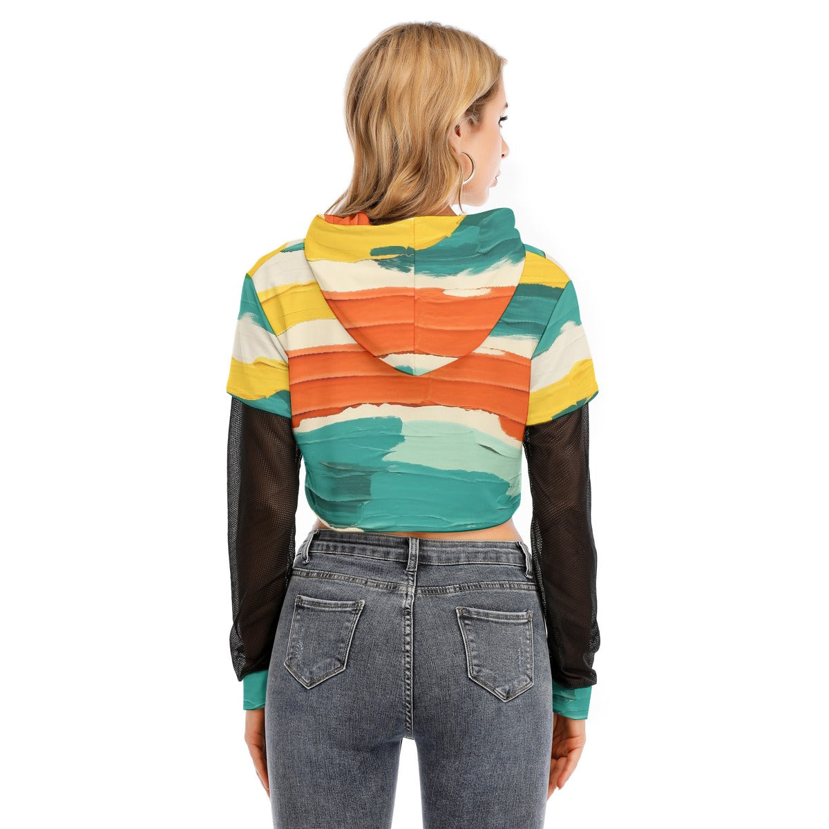 All-Over Print Women's Fake Two-piece Mesh Sleeve Cropped Hoodie
