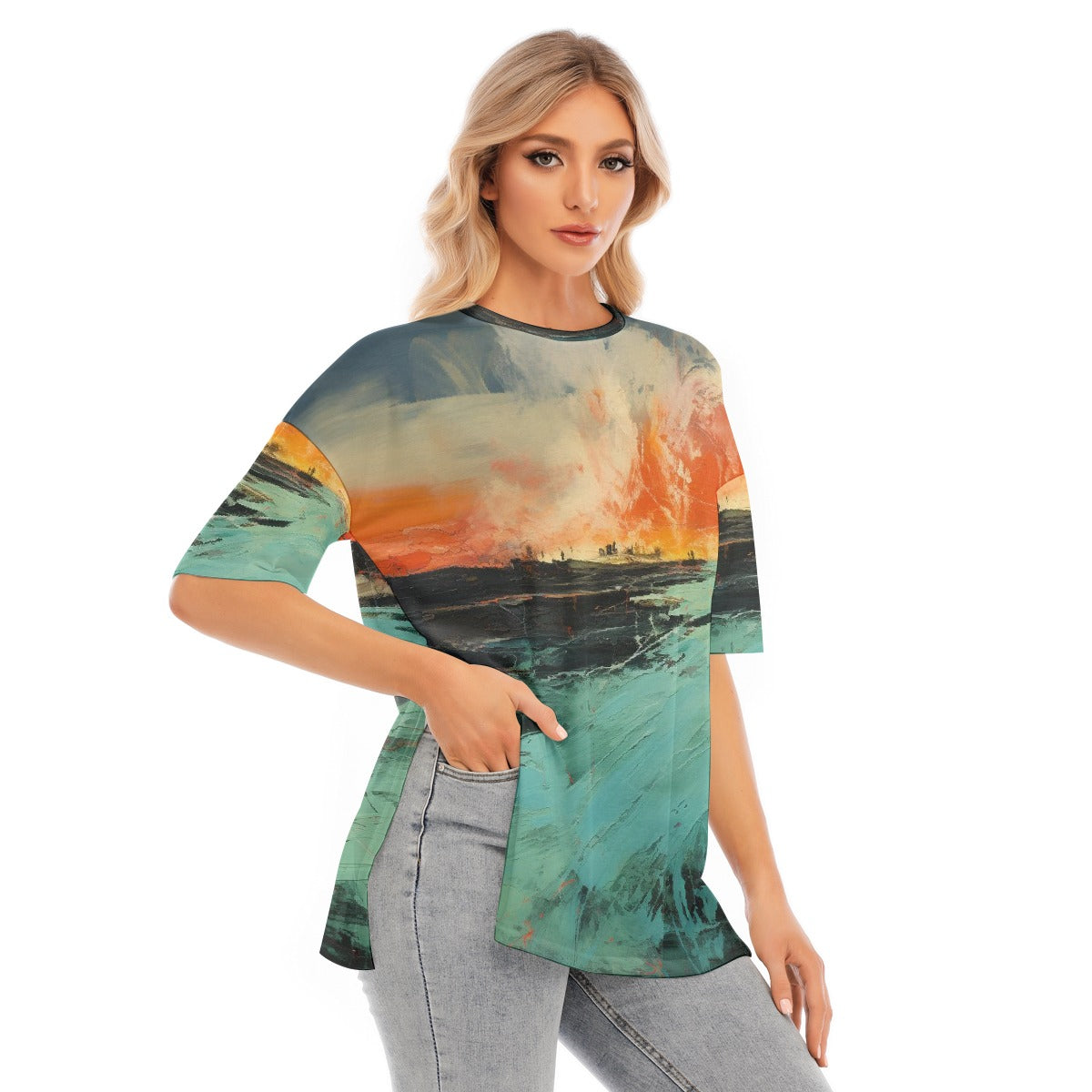 All-Over Print Women's Short Sleeves T-shirt With Hem Split