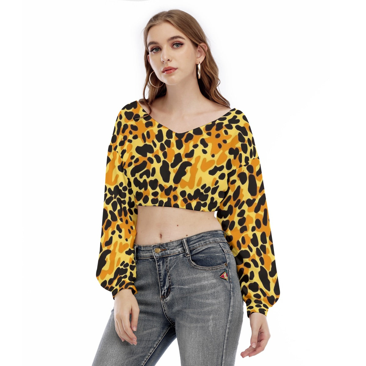 All-Over Print Women's V-neck Long Sleeve Cropped Sweatshirt