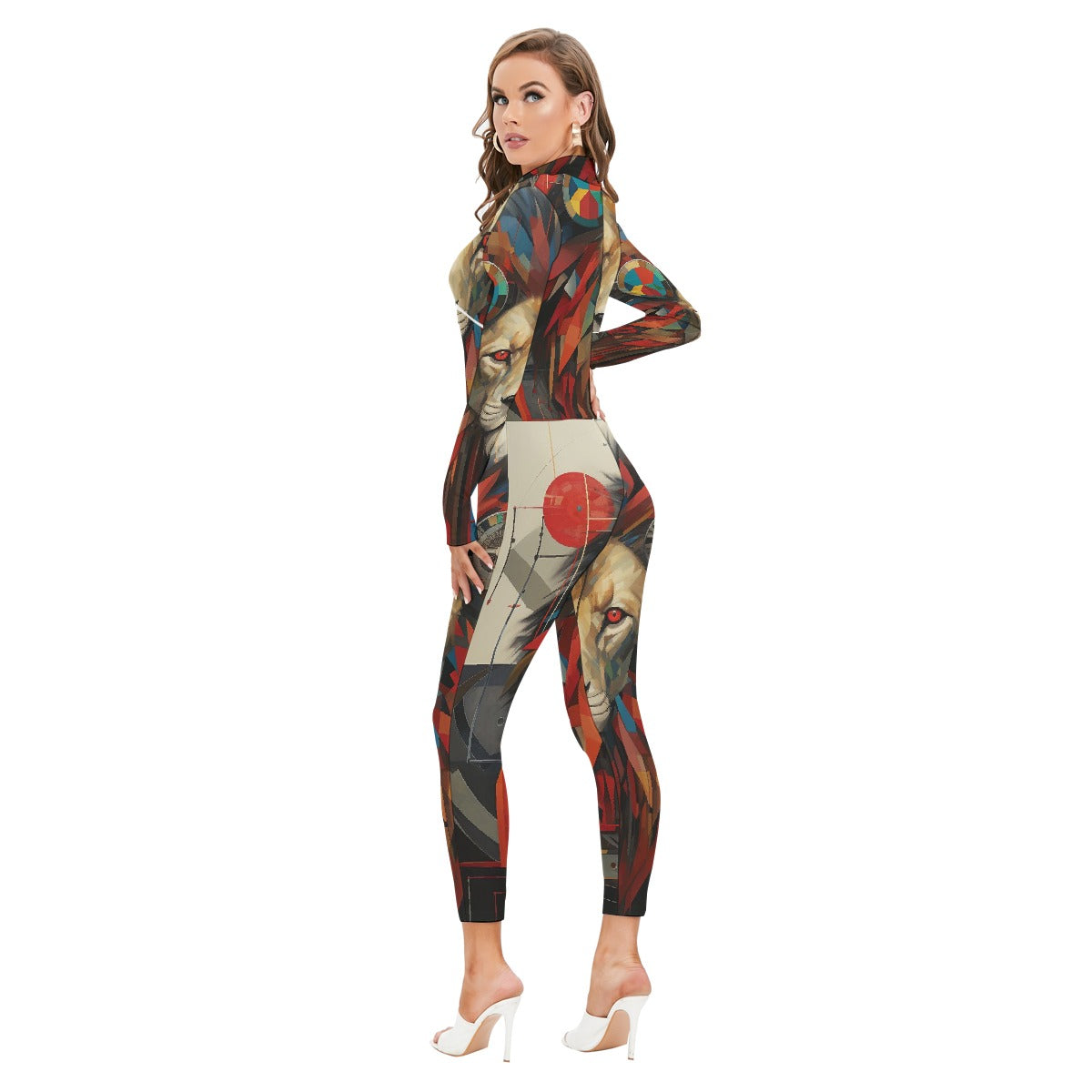 All-Over Print Women's Long-sleeved High-neck Jumpsuit With Zipper
