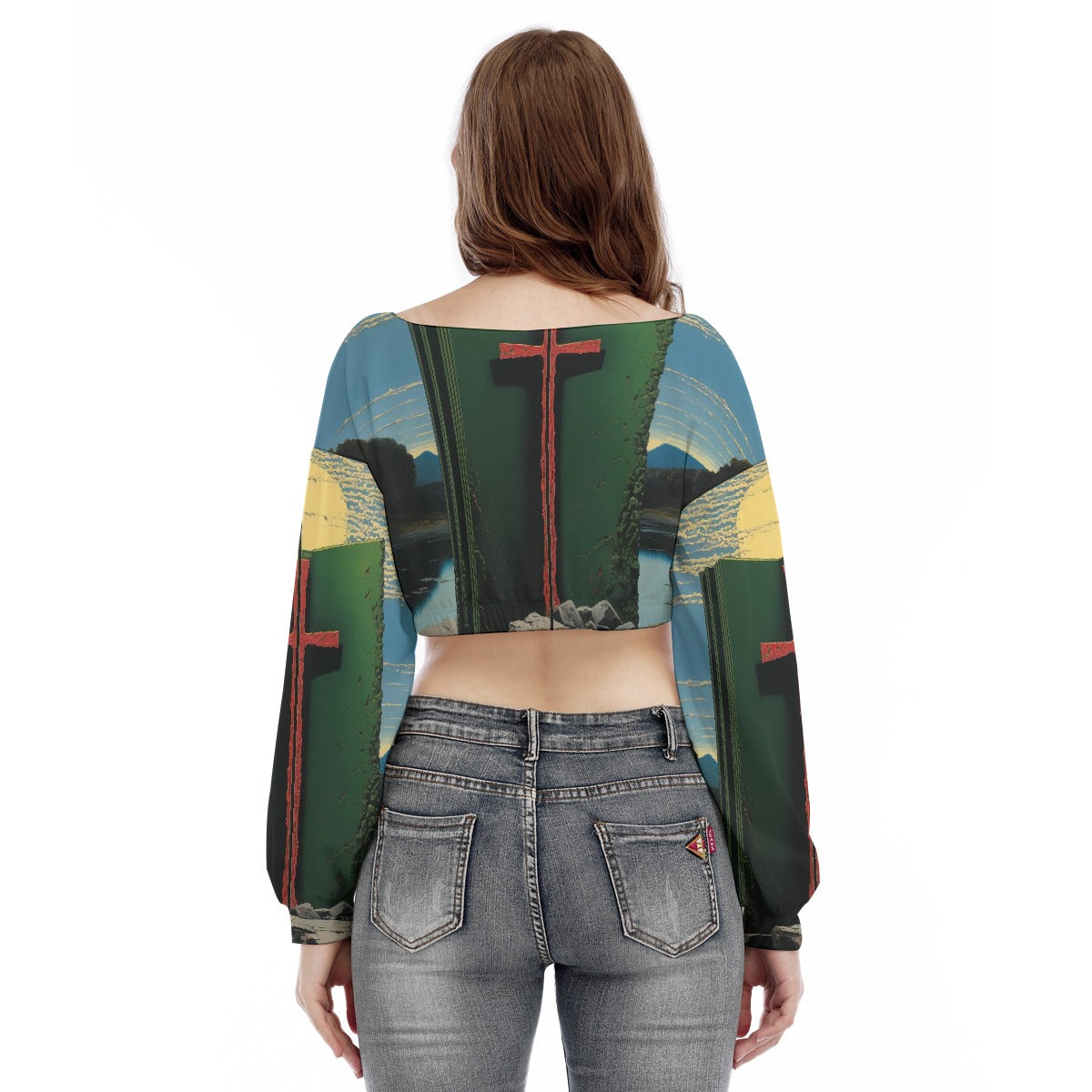 All-Over Print Women's V-neck Long Sleeve Cropped Sweatshirt