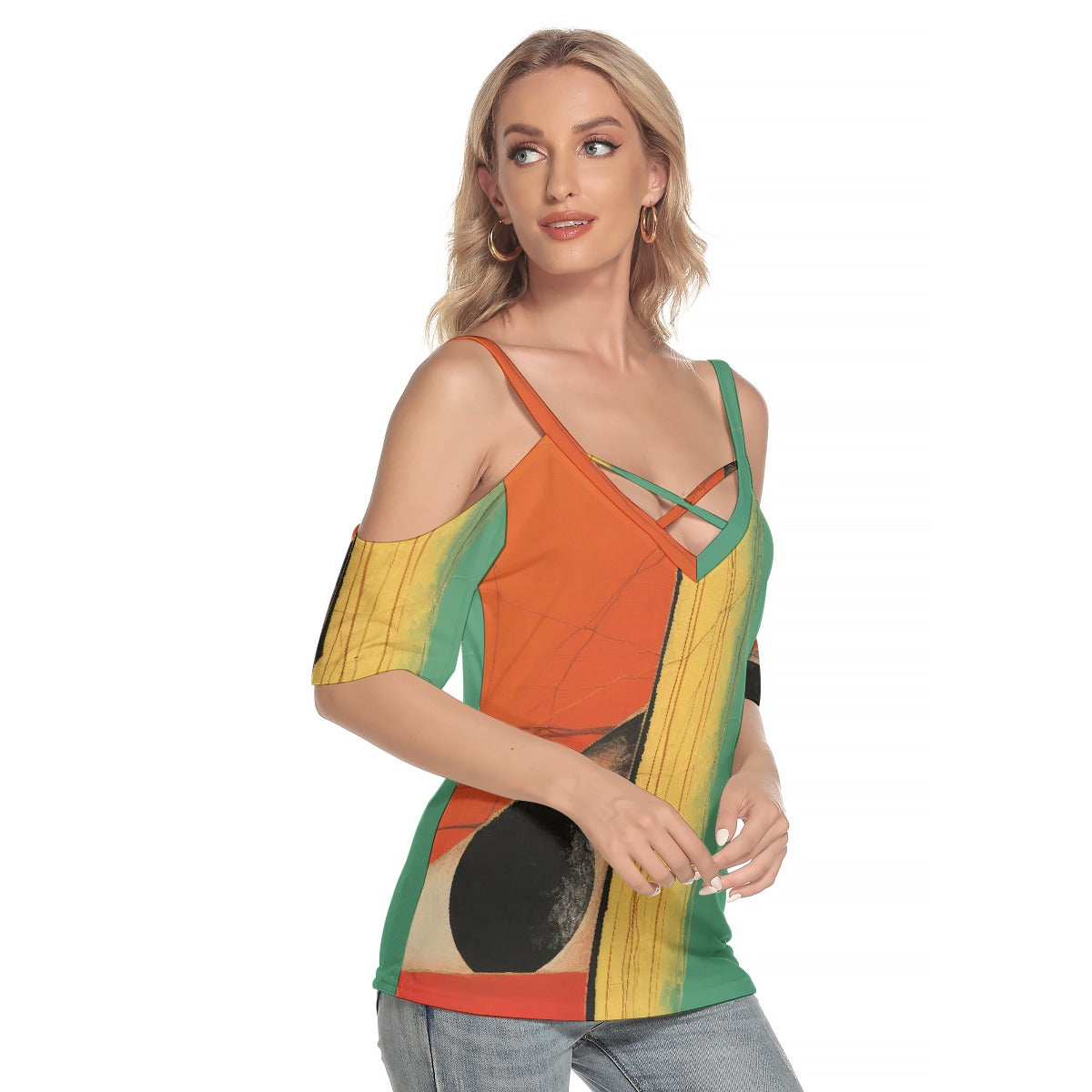 All-Over Print Women's Cold Shoulder T-shirt With Criss Cross Strips