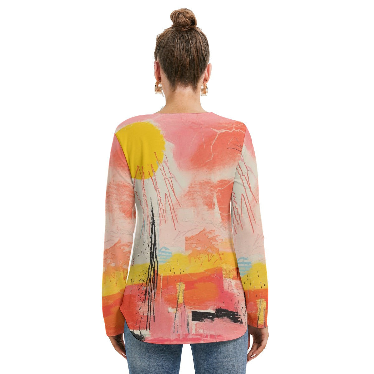 All-Over Print Women's Long Sleeve Neckline Tie Sweatshirt