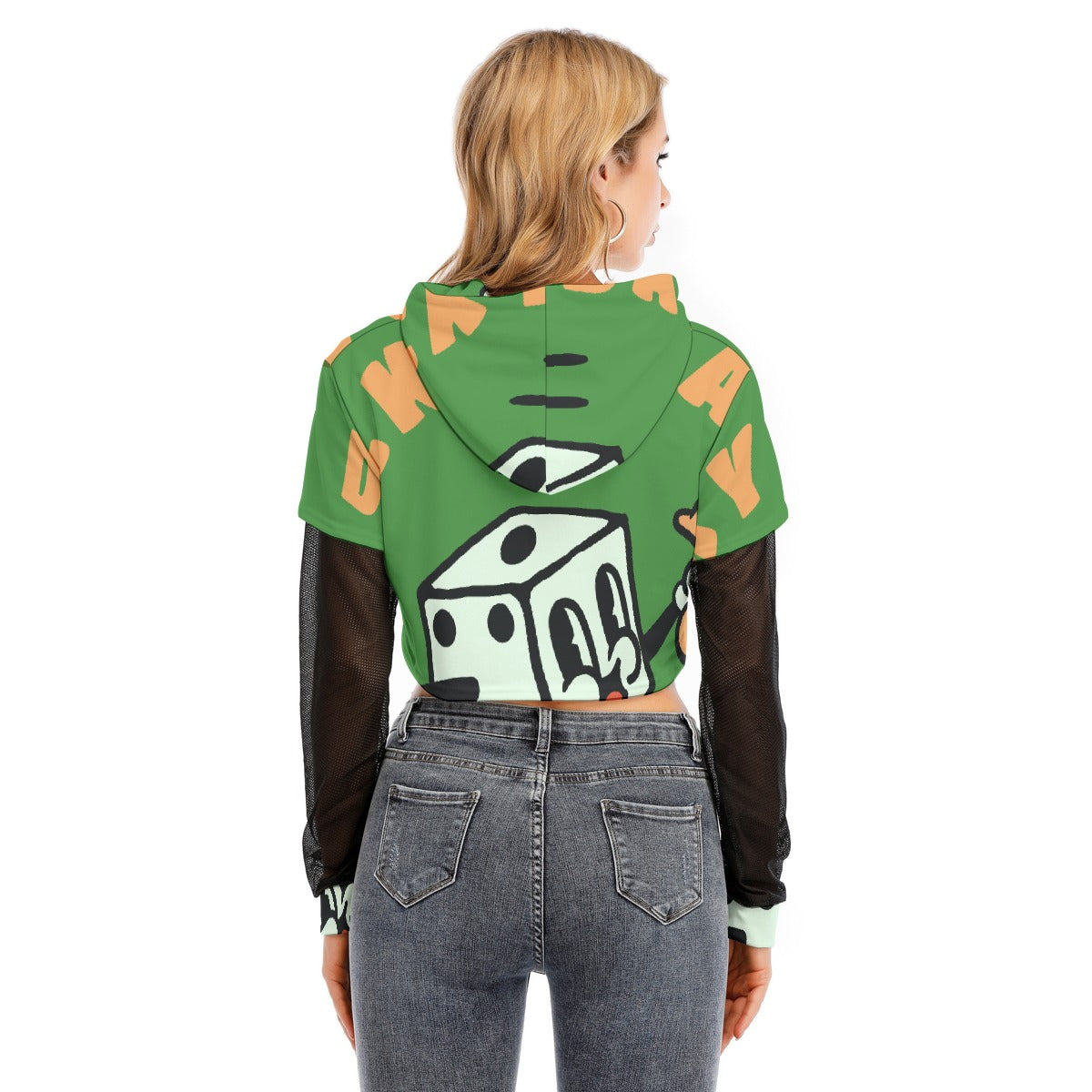 All-Over Print Women's Fake Two-piece Mesh Sleeve Cropped Hoodie