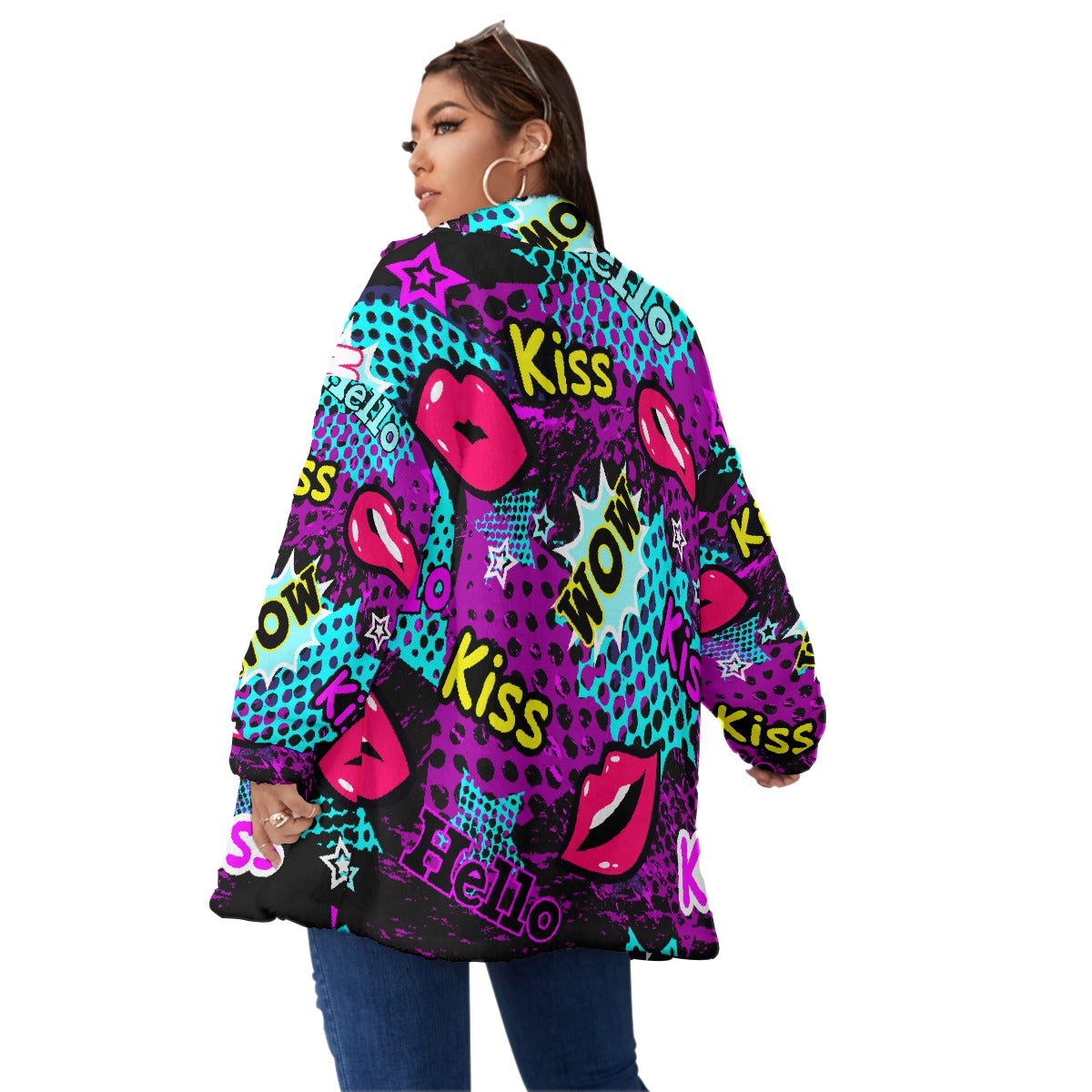 All-Over Print Unisex Borg Fleece Stand-up Collar Coat With Zipper Closure(Plus Size)