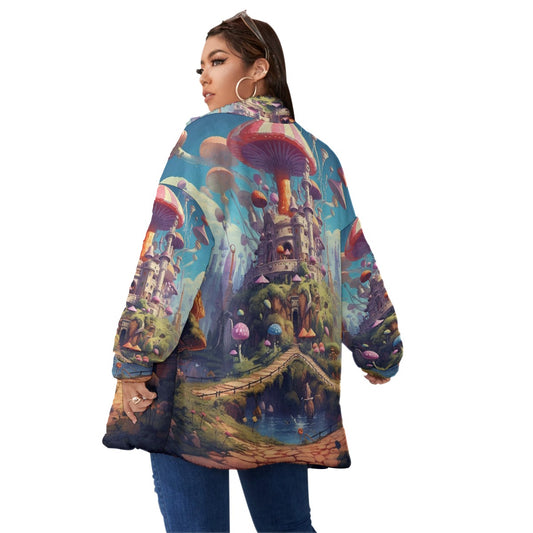 All-Over Print Unisex Borg Fleece Stand-up Collar Coat With Zipper Closure(Plus Size)