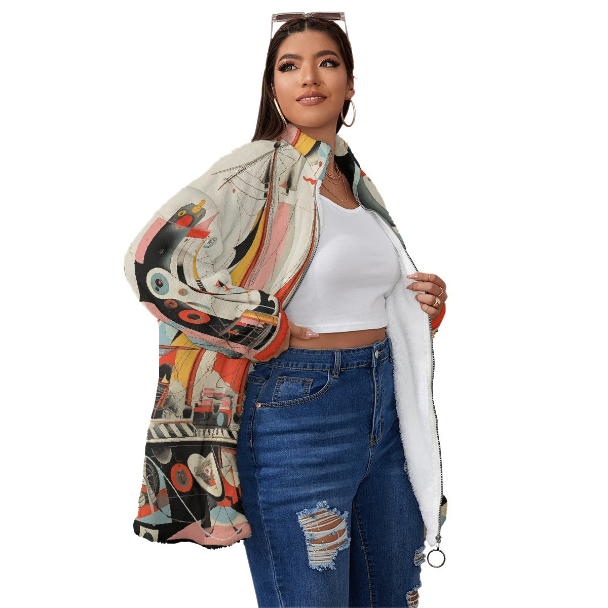 All-Over Print Unisex Borg Fleece Stand-up Collar Coat With Zipper Closure(Plus Size)