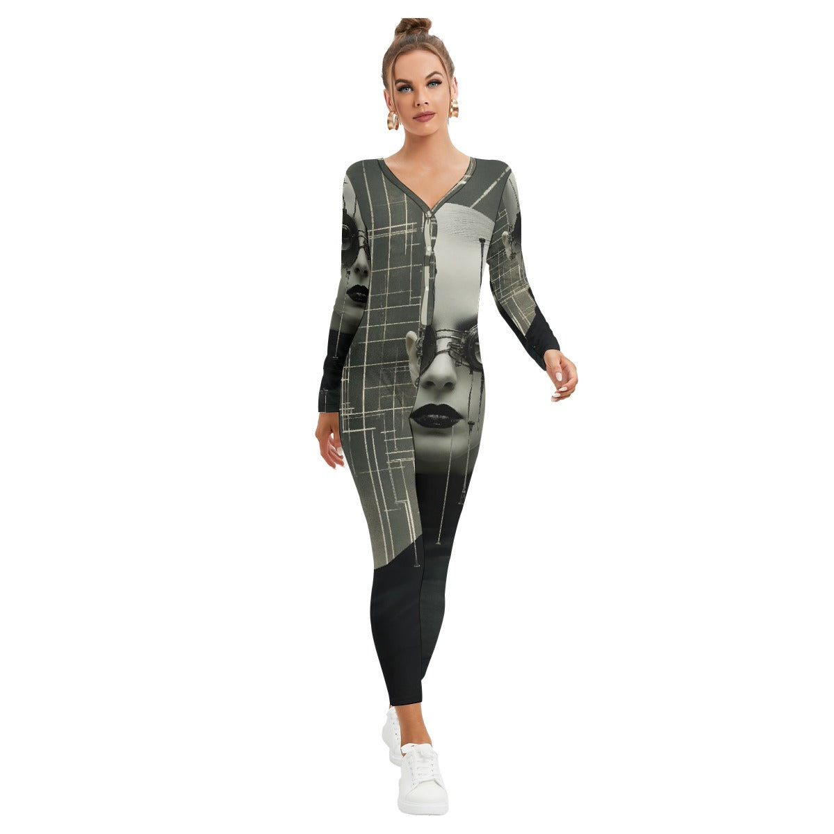 All-Over Print Women's Plunging Neck Jumpsuit