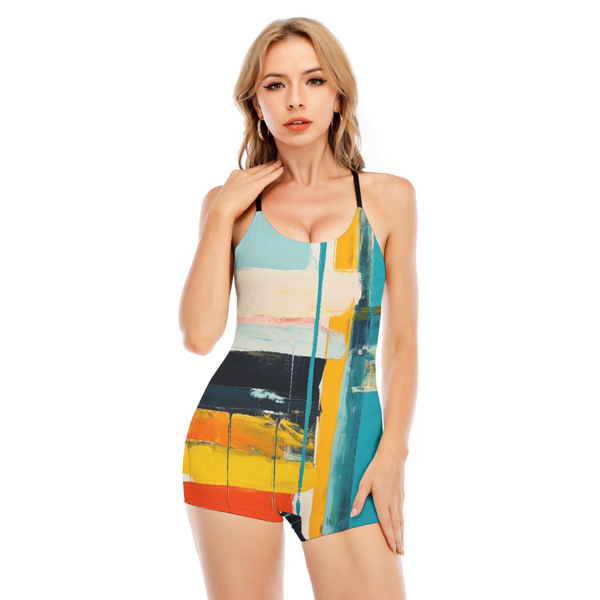 All-Over Print Women's Backless Romper With Black Straps